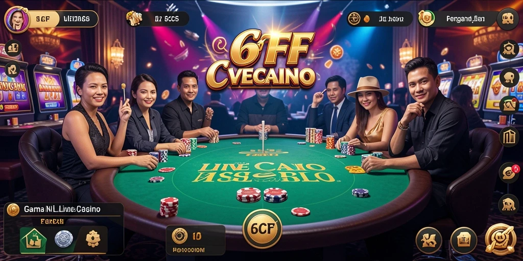 Screenshot gameplay Live Casino 6CF dengan dealer langsung dan suasana mendebarkan.